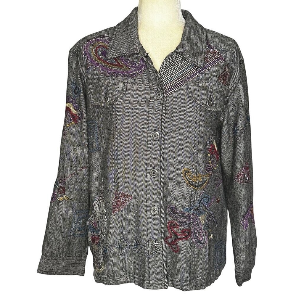 Vintage Beaded Patchwork Jacket Boho Artsy Festival Large Embroidered